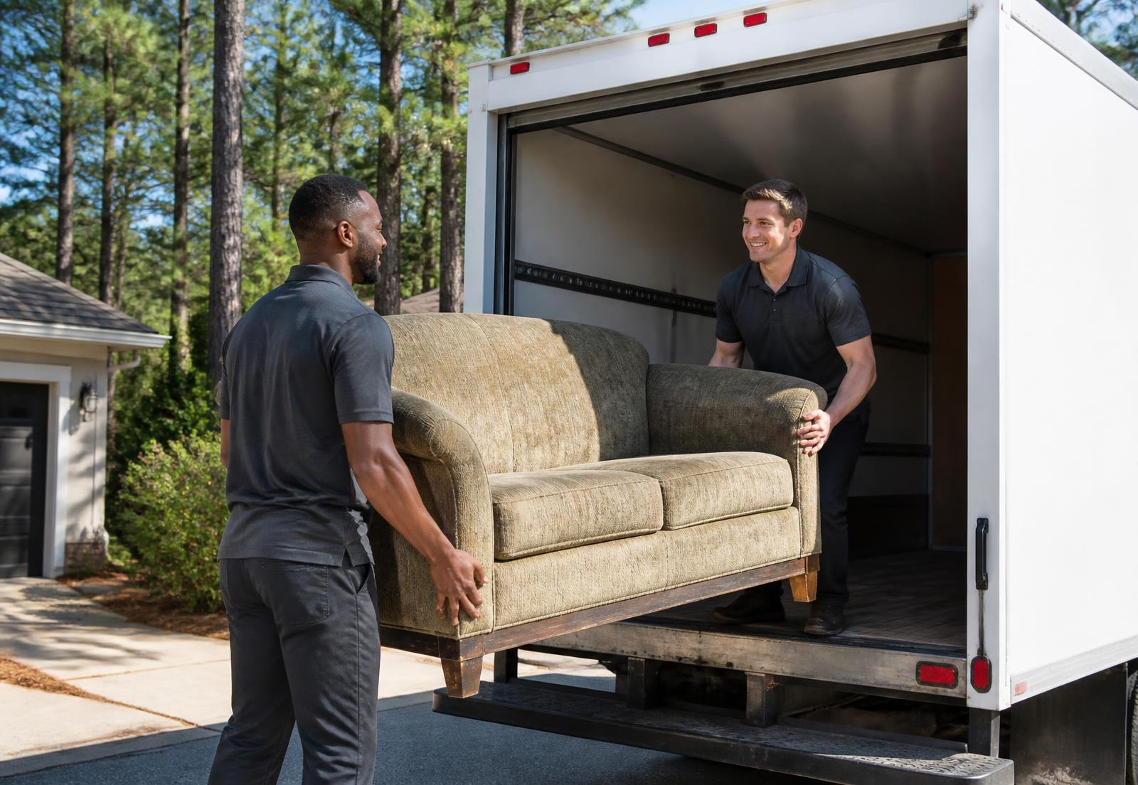 Nicely Done Junk & Haul crew loading a sofa into the truck
